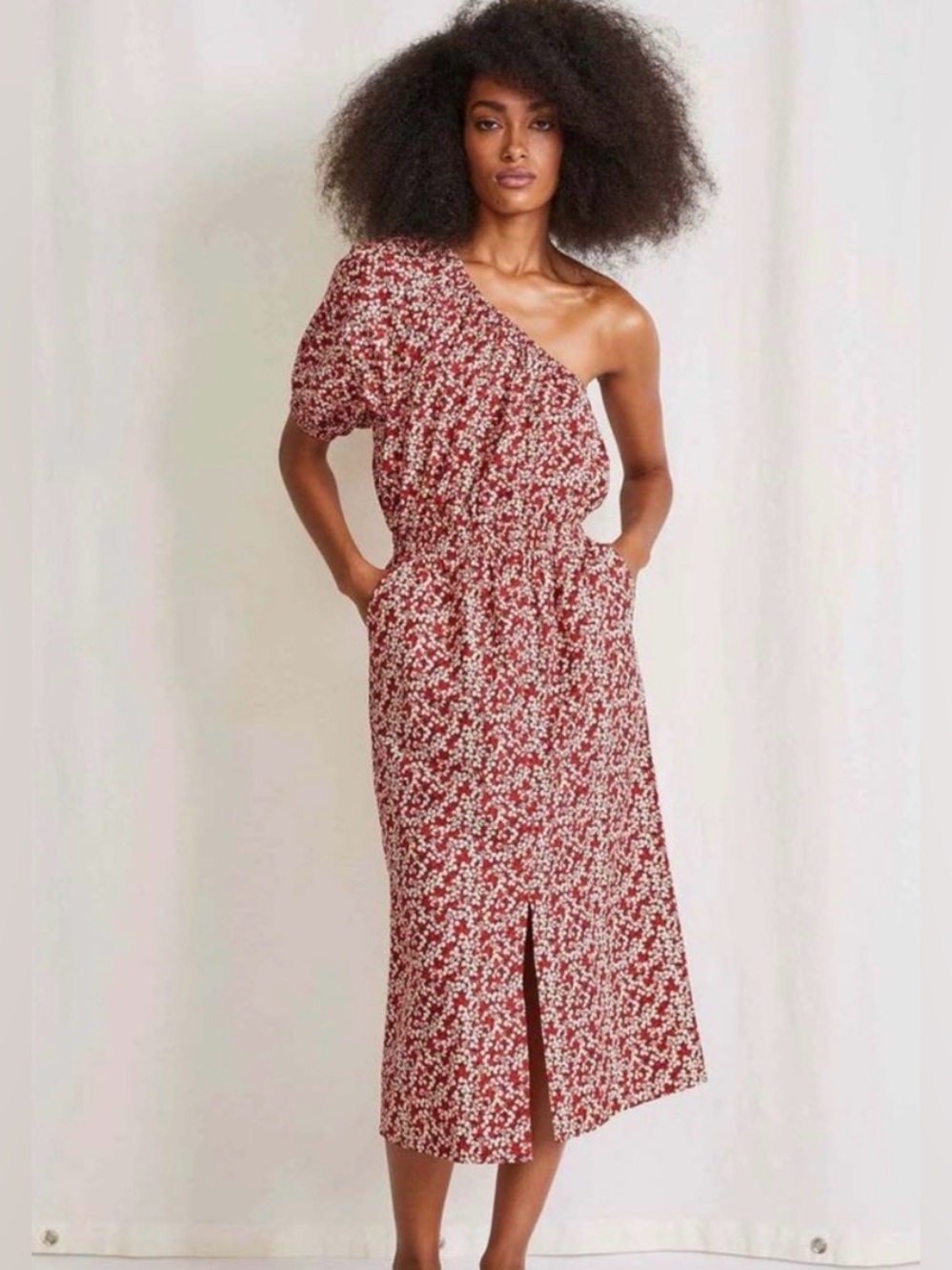 NWOT Apiece Apart Palma One-Shoulder Red Floral Midi Dress, size XS
